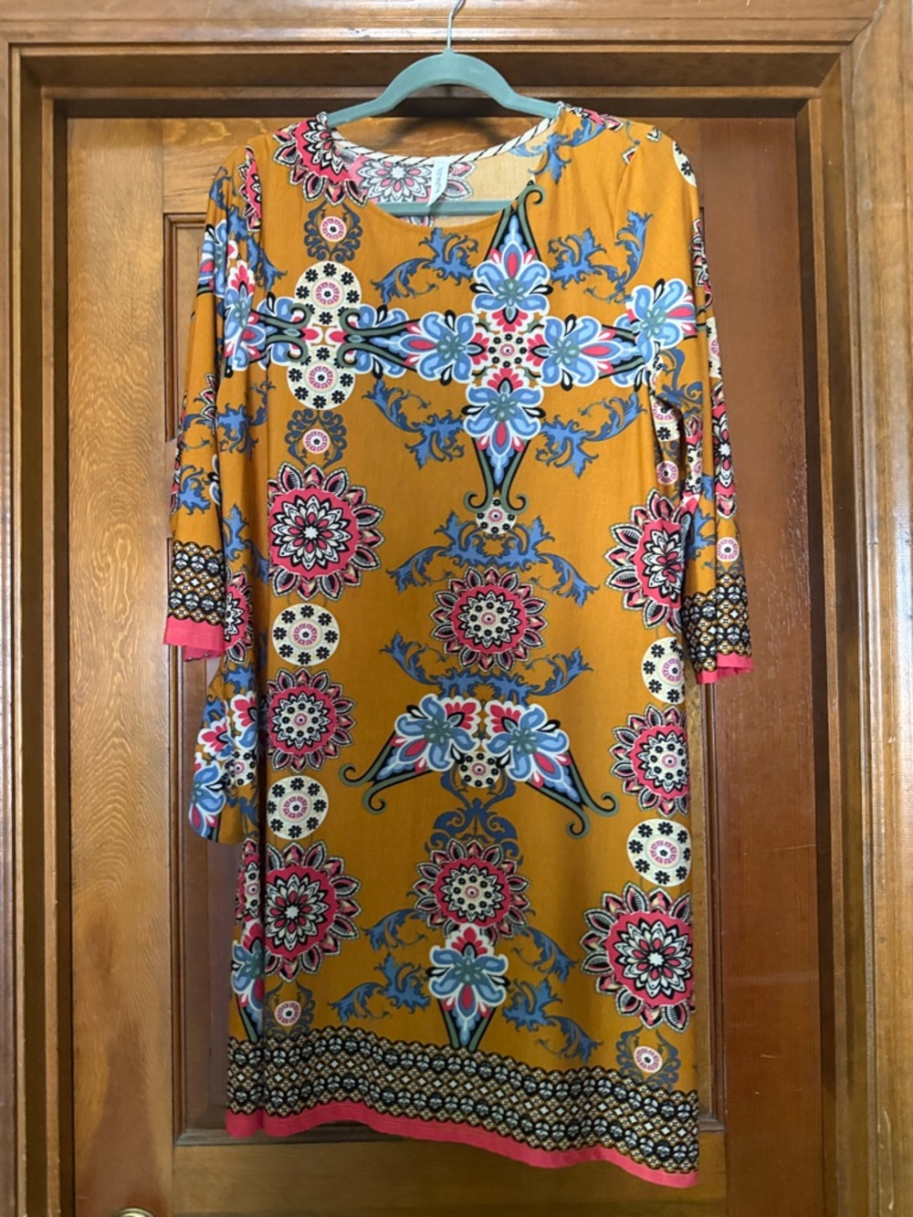 Honeyme Mustard Floral & Geometric Print Long Sleeve Dress